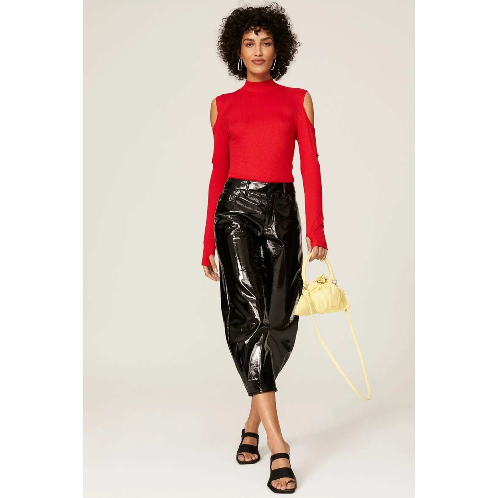 LNA Red Ribbed Mock Neck Cold Shoulder Cutout Long Sleeve Top Small
